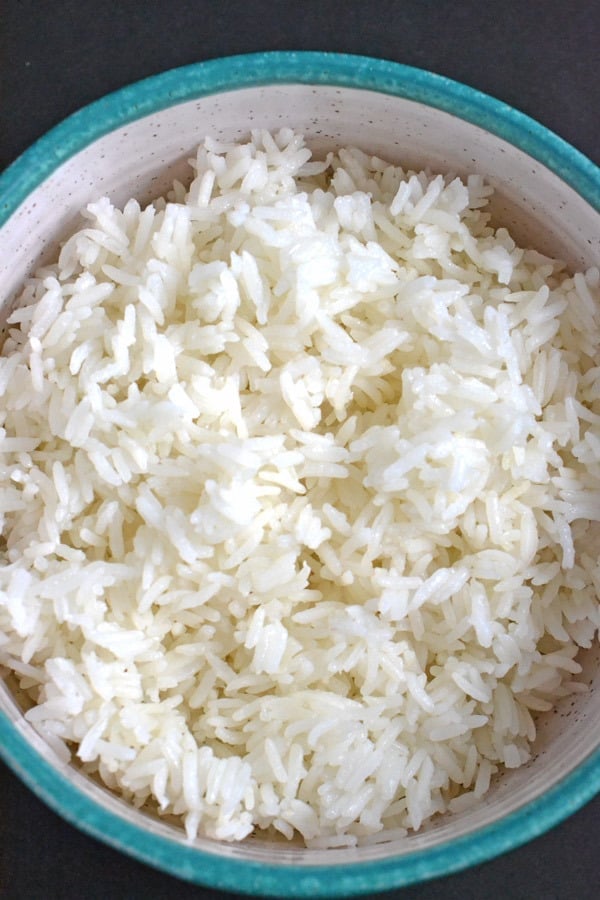 white rice in a bowl after being cooked in the Fagor Lux Mult-Cooker on the white rice setting