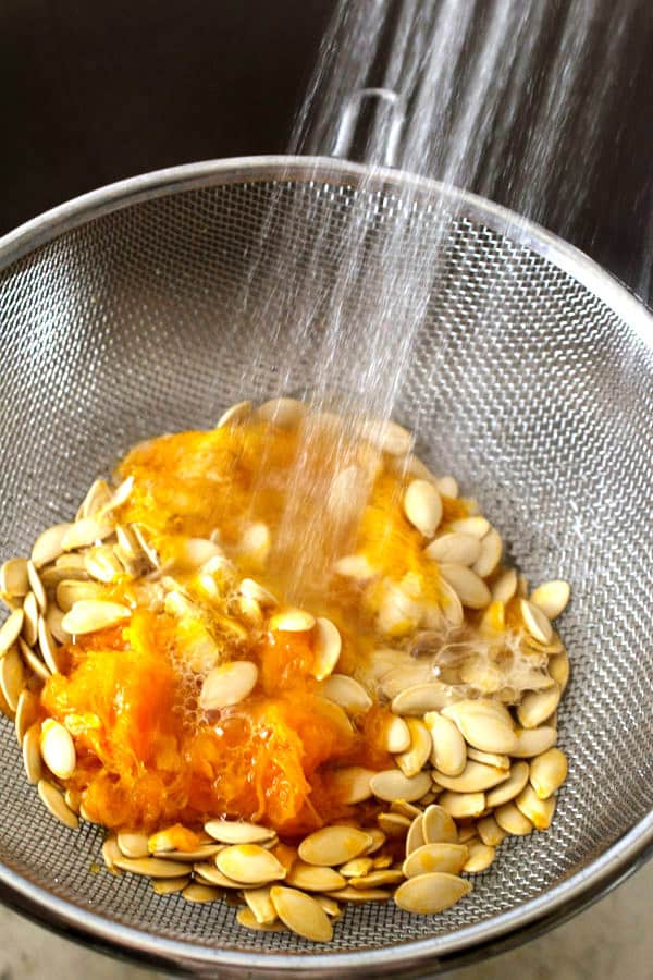 rinsing fibers off pumpkin seeds