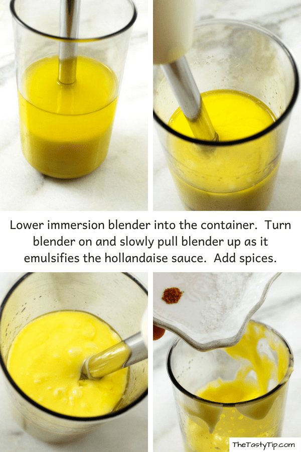 4 pictures of immersion blender emulsifying hollandase sauce