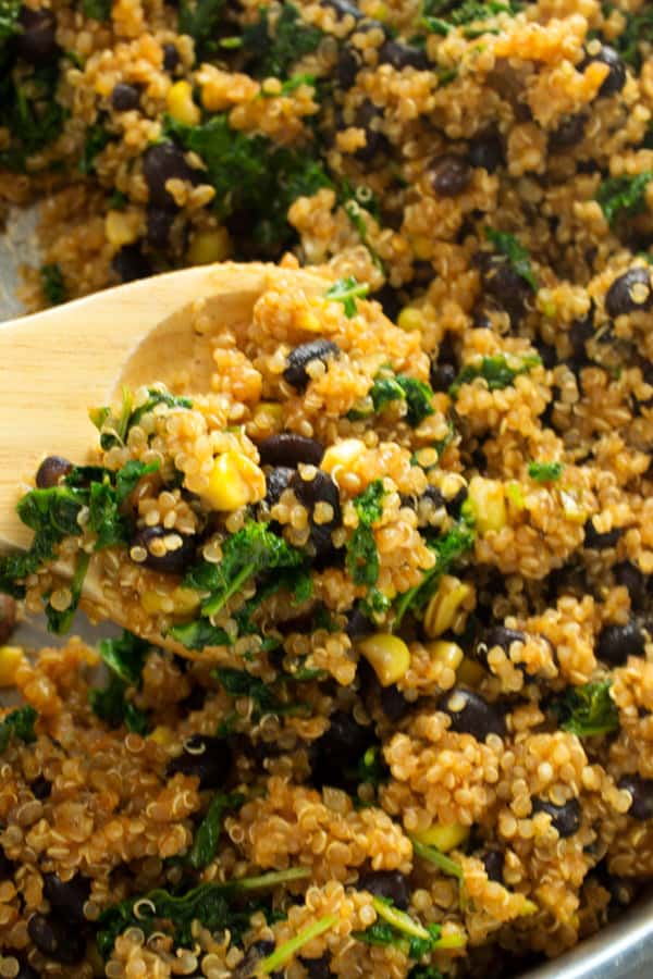 Southwest chipolte kale quinoa bowl in skillet