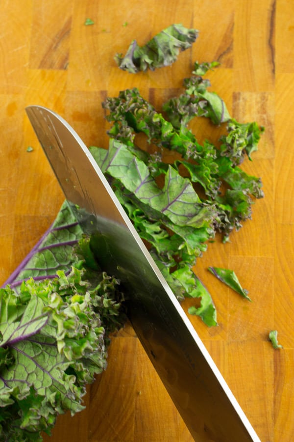 cutting the kale in ribbons