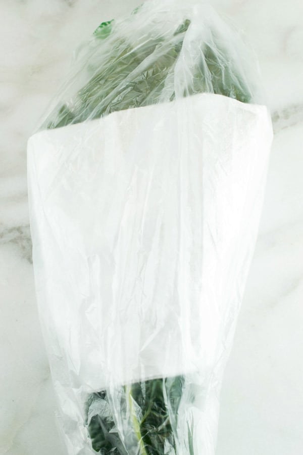 kale wrapped in a paper towel and plastic bag ready to go in the refrigerator