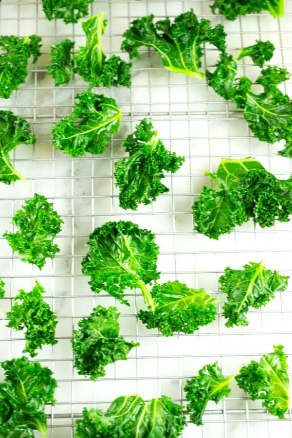 blanched kale drying on cooling rack