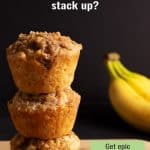stack of banana muffins with bananas in background