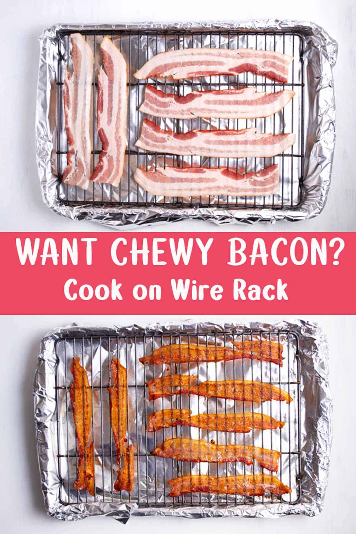Raw bacon on a wire rack next to cooked bacon that has been cooked on a wire rack.