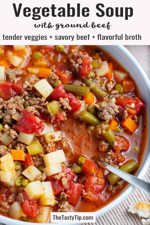 bowl of vegetable soup with ground beef and title