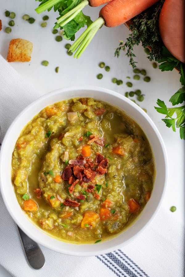 bowl of crock pot split pea soup with ham