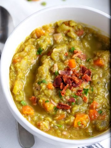 bowl of split pea soup with ham
