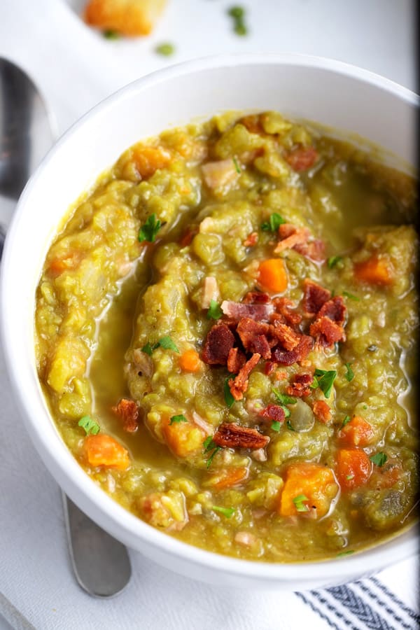 bowl of split pea soup with ham