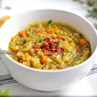 bowl of split pea soup with ham