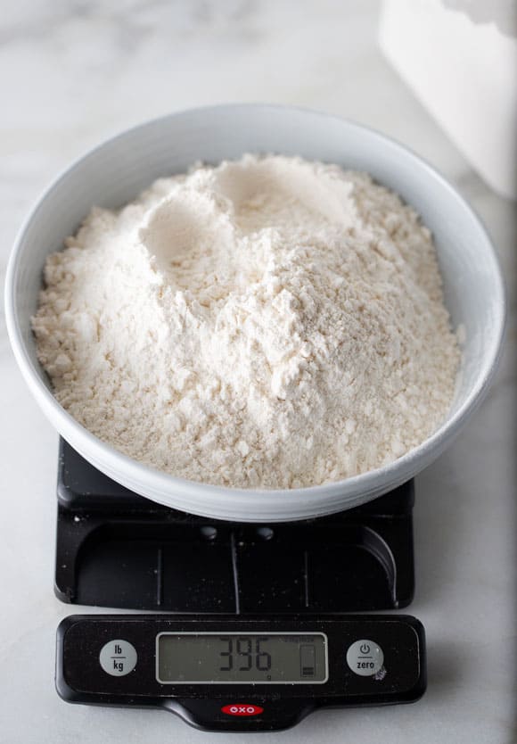 bowl of flour on kitchen scale