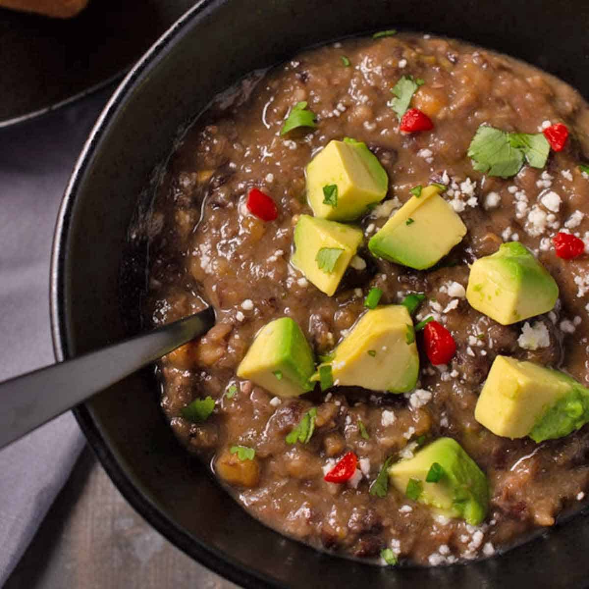 Bowl of black bean soup.