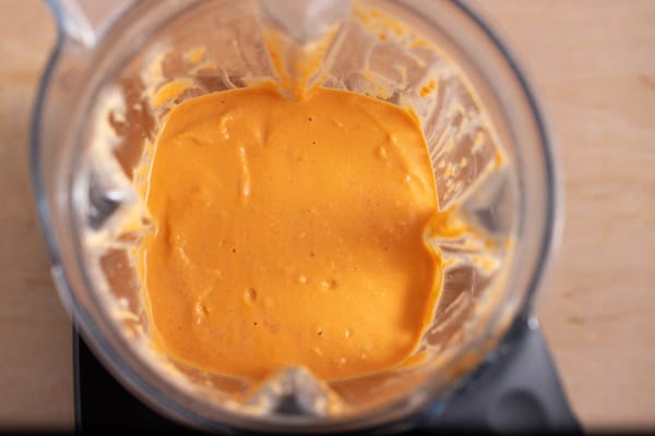 blended red pepper hummus in a blender