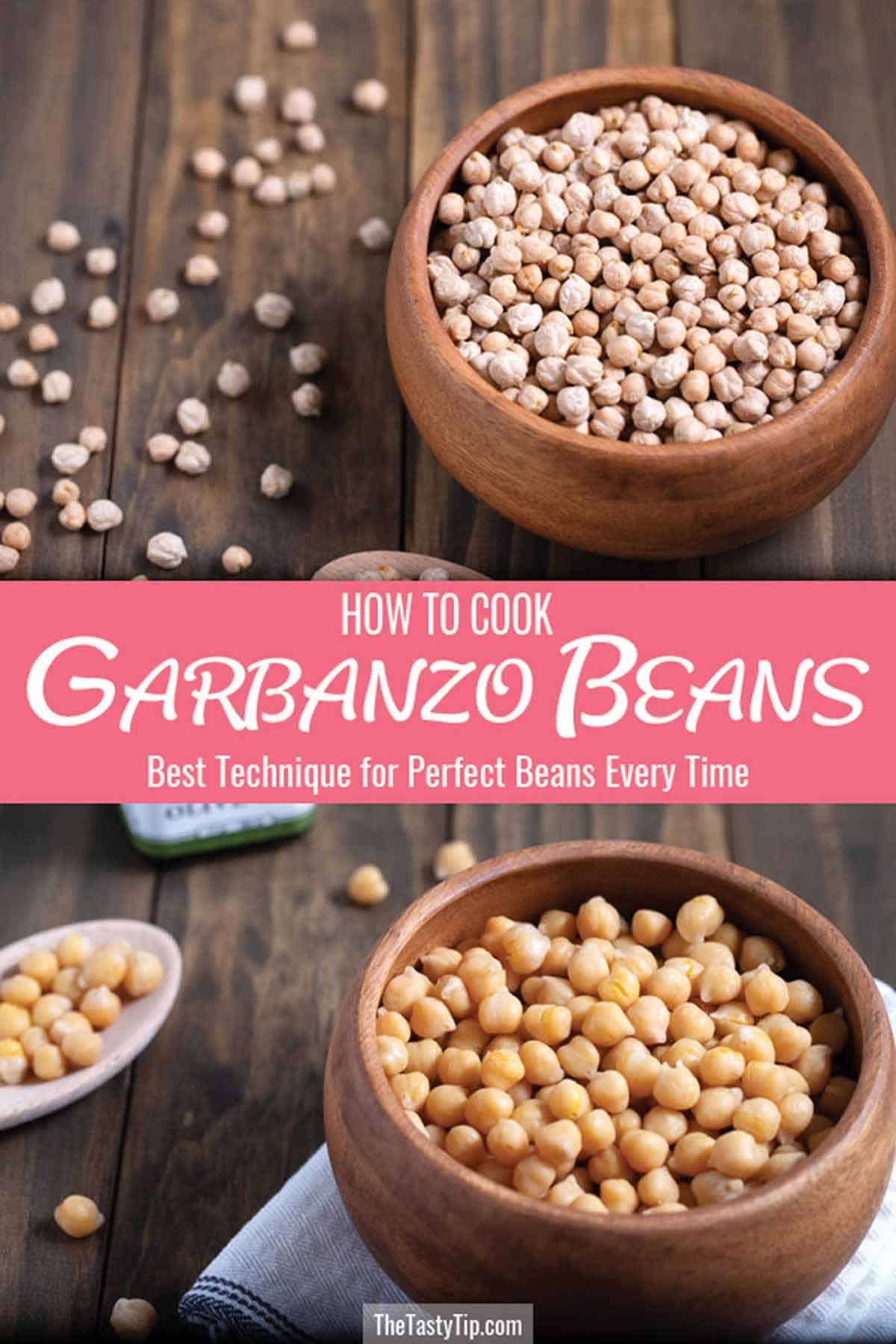 Dry garbanzo beans in a bowl and cooked garbanzo beans in a bowl.
