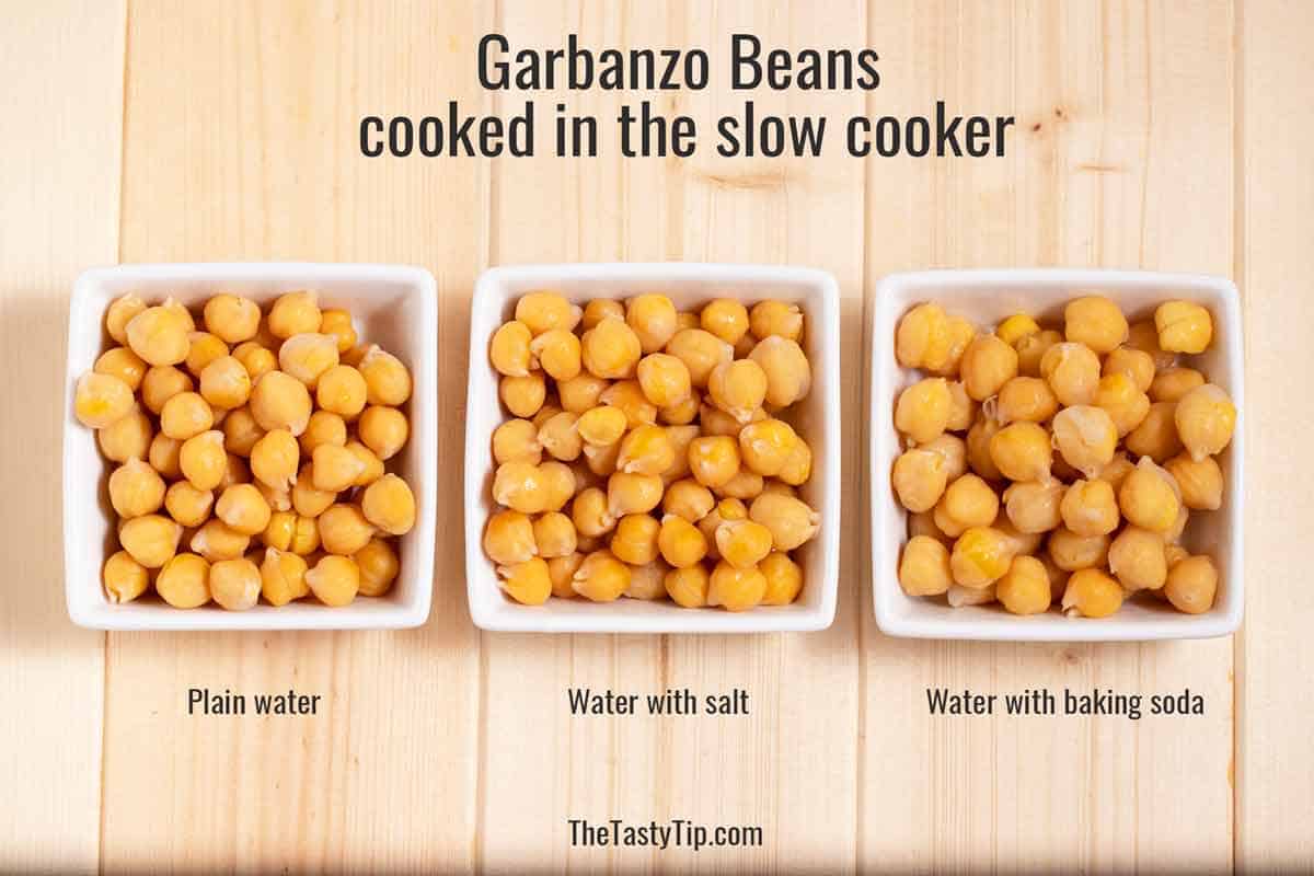 Three bowls of garbanzo beans soaked in a different solution but all cooked in the slow cooker.