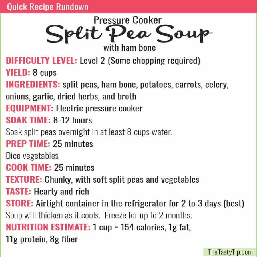rundown of pressure cooker split pea soup with ham bone recipe