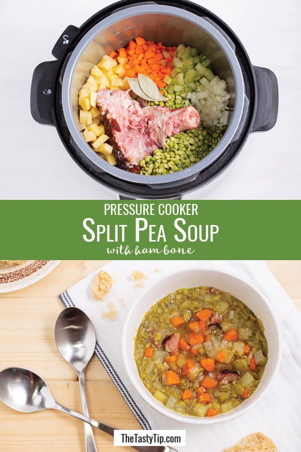 raw ingredients in pressure cooker and bowl of split pea soup