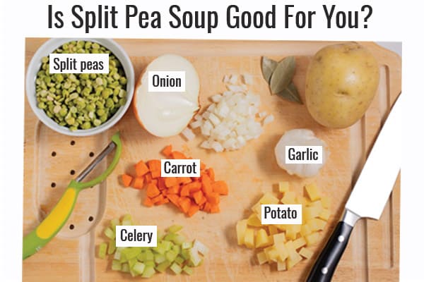 ingredients for split pea soup on a cutting board