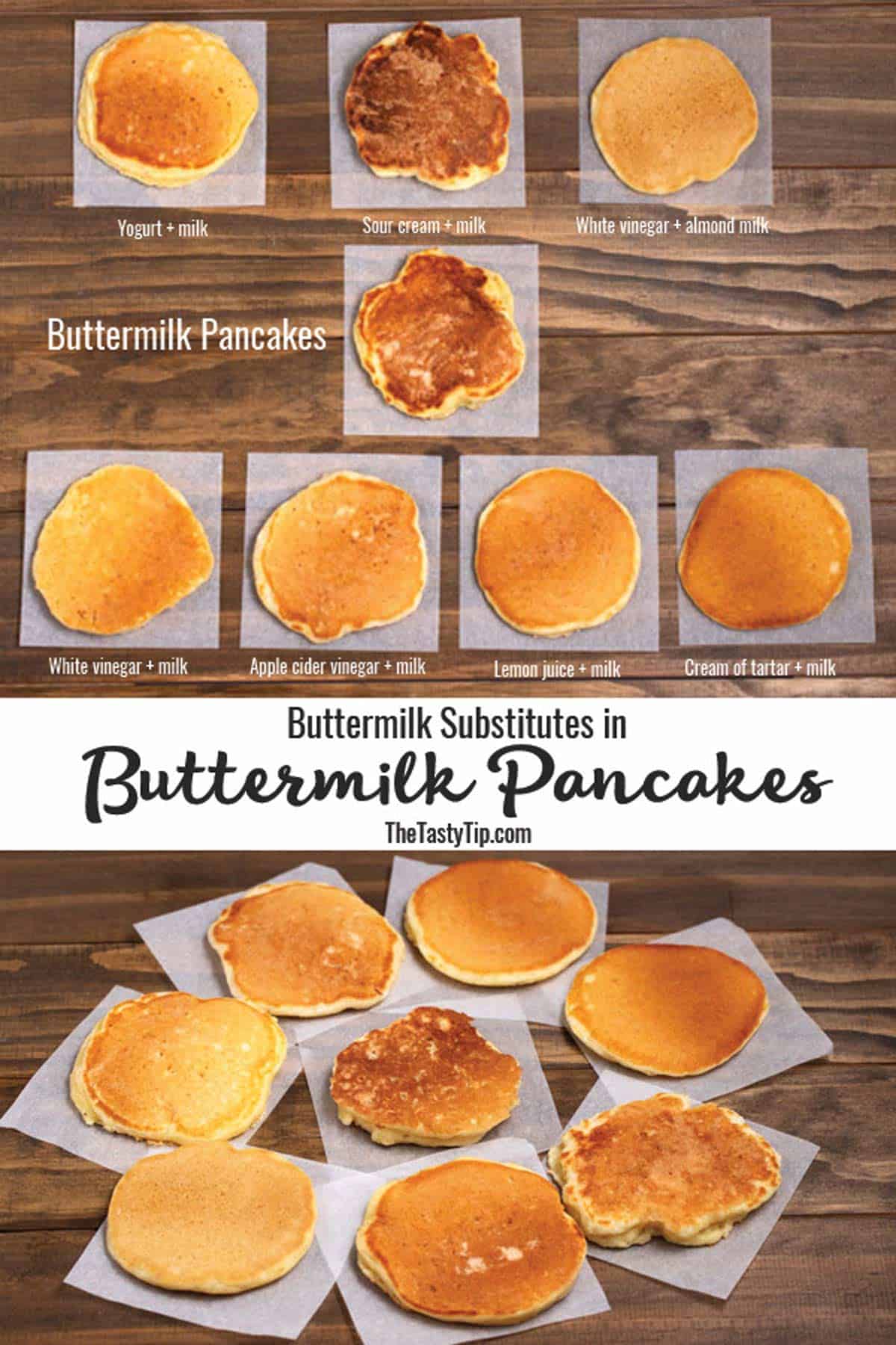 Buttermilk pancake samples made with different homemade buttermilk substitutes.