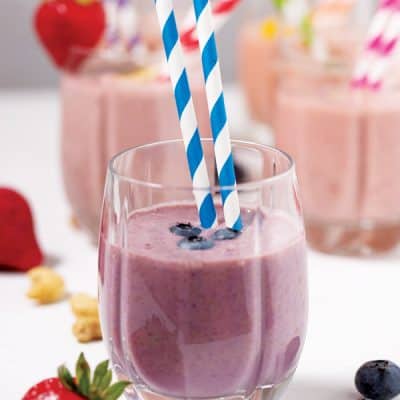 smoothie made with blueberries, strawberries, and bananas