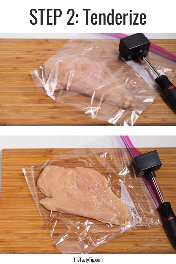 raw chicken with meat mallet