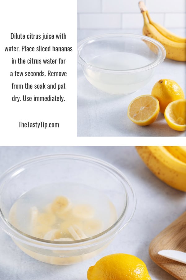 bowl of dilluted lemon juice with bananas soaking