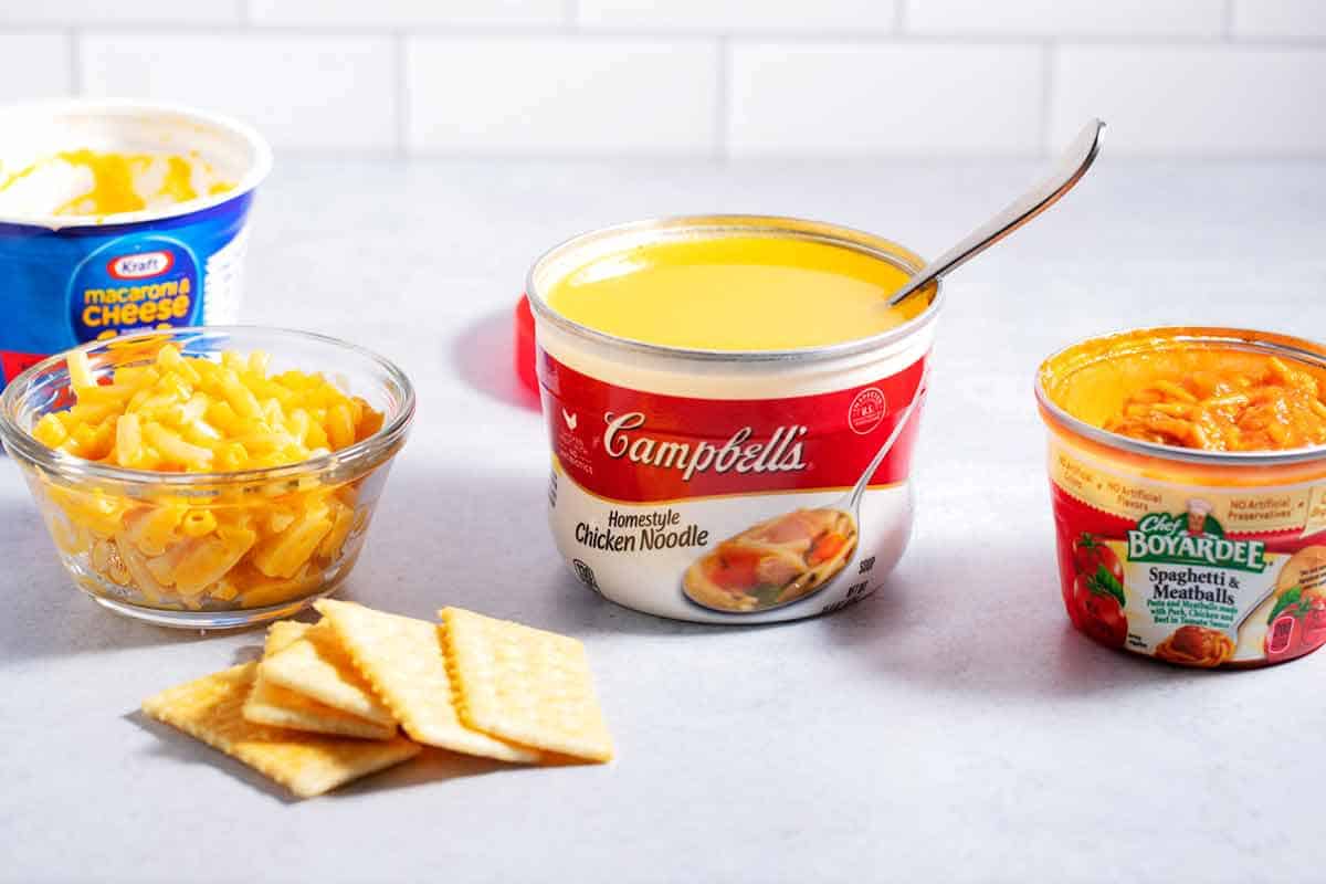 Individual snack-size Campbell soup, mac and cheese, and ravioli for kids with braces.