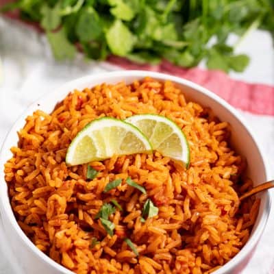 copycat Taco Bell seasoned rice in a bowl with a spoon