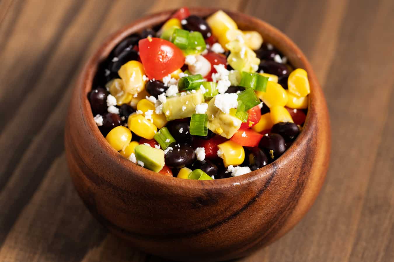 Black bean and corn salad in a bowl.