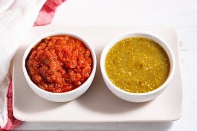 red and green salsa in a bowl