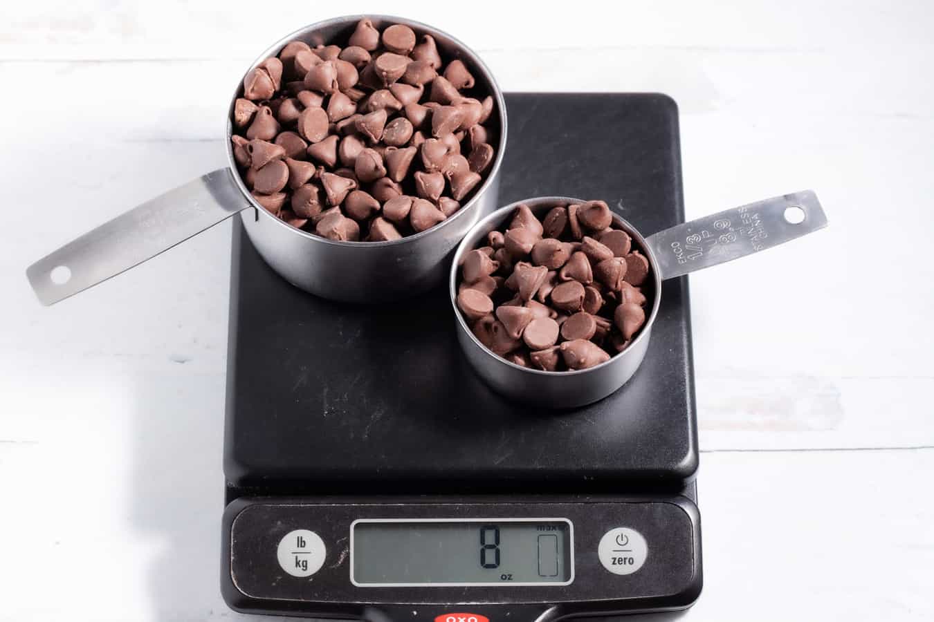 1 1/3 cups of chocolate chips on a kitchen scale