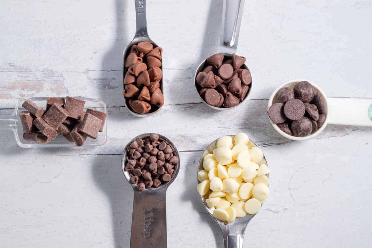 6 tablespoons with different kinds of chocolate chips in each