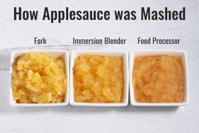 3 bowls showing difference in how applesauce was mashed