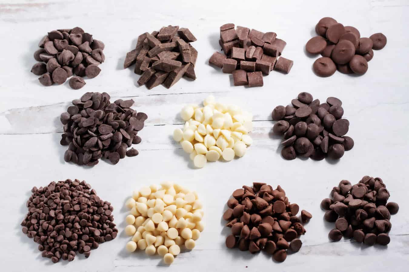 1-ounce piles of mini, unsweetened cacao, morsel, white chocolate, jumbo, chunk, and wafer chocolate chips