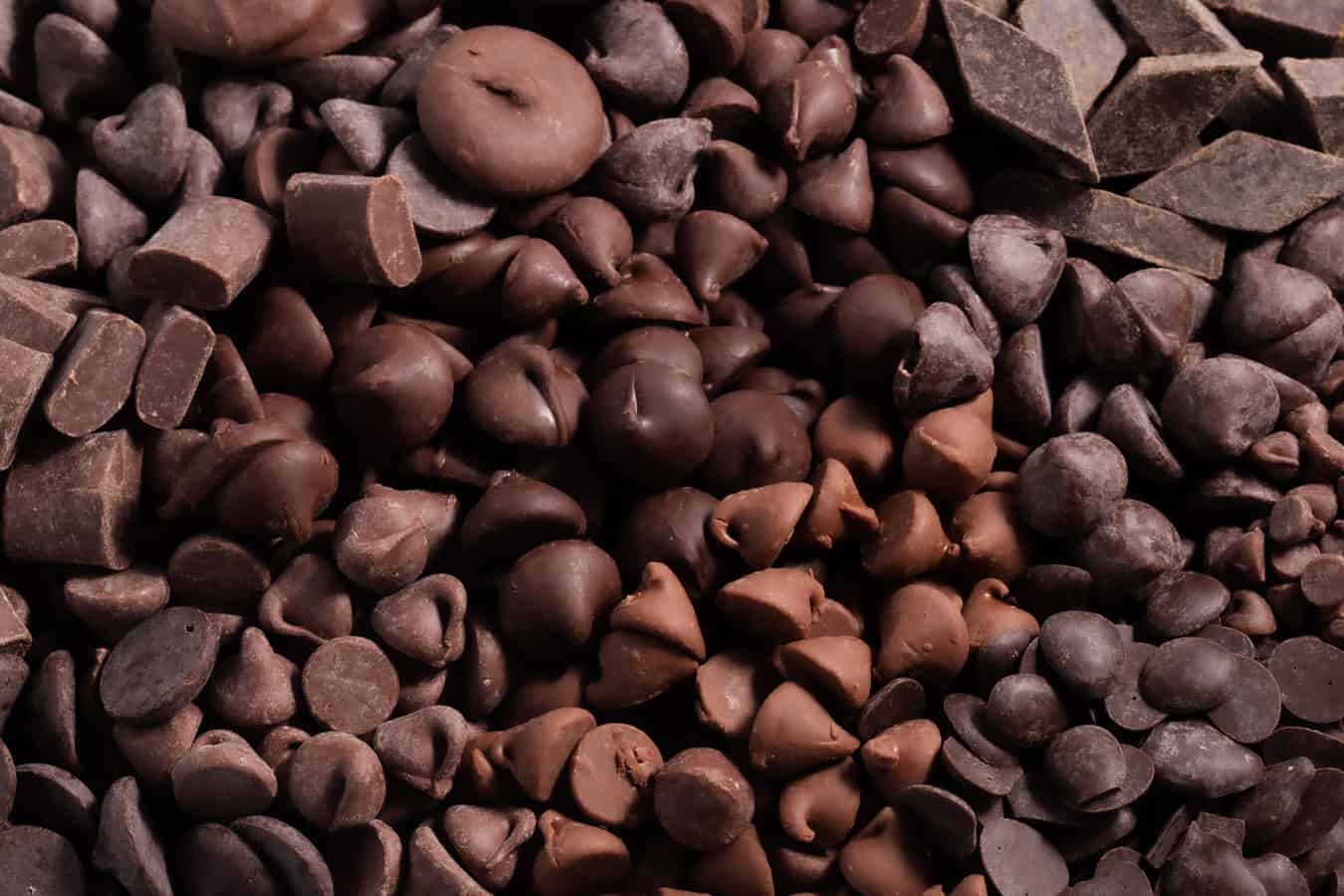 All sizes of chocolate chips in a pile.