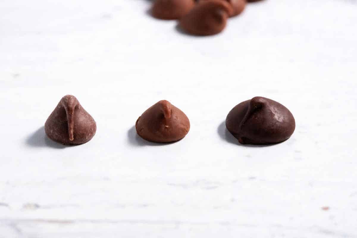 Row of semi-sweet, milk and dark chocolate chips.