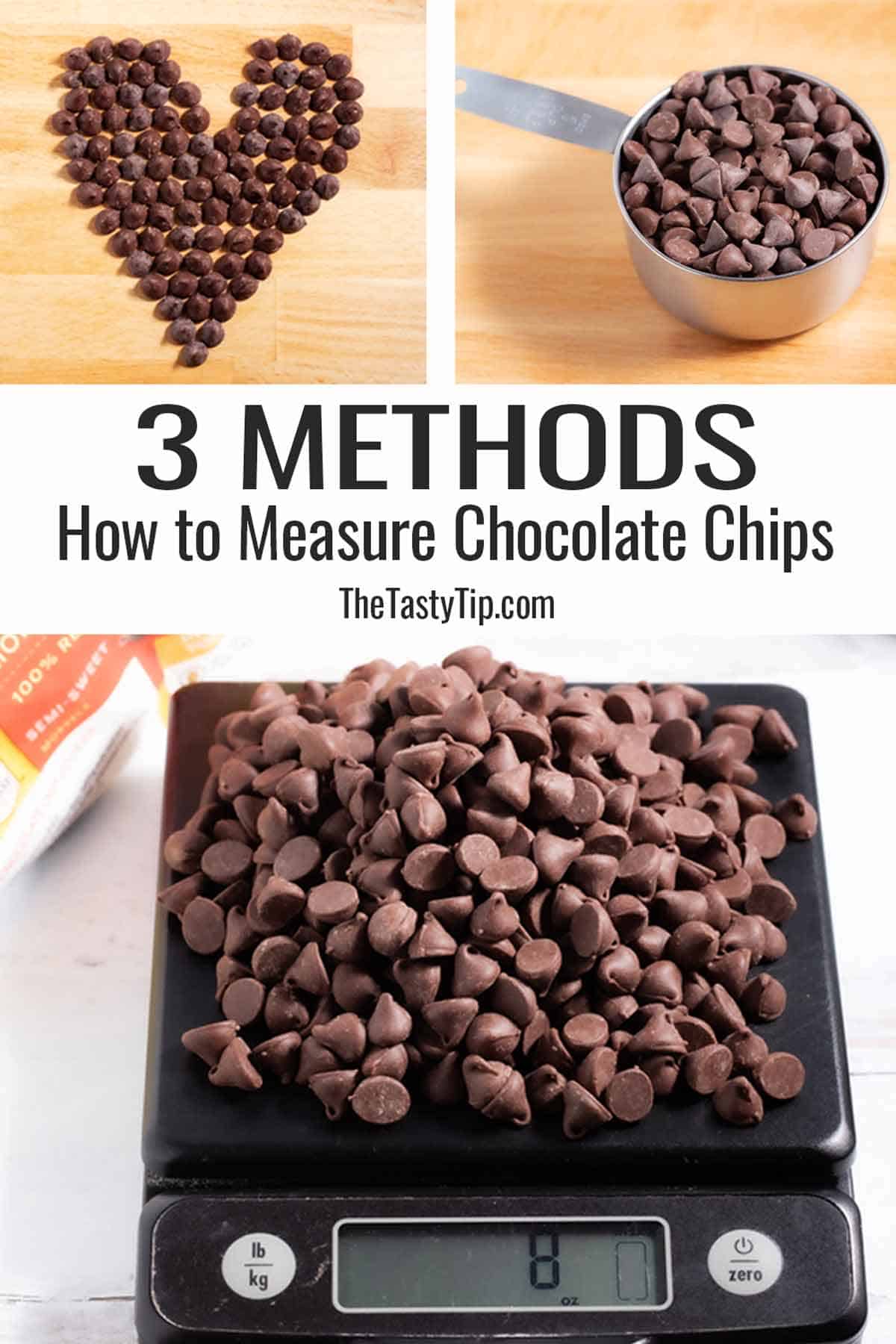 Chocolate chips laid out in a heart shape, cup of chocolate chips, and chocolate chips on a kitchen scale.