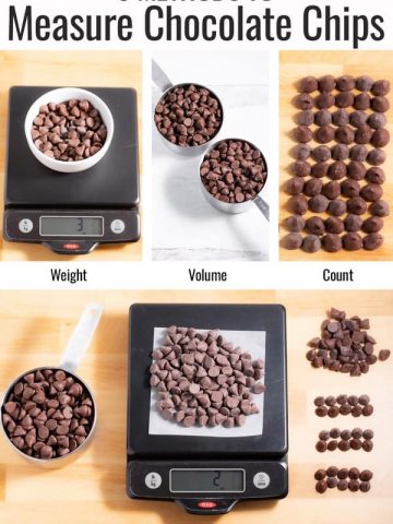 bowl of chocolate chips on scale, measuring cups of chocolate chips, and chocolate chips lined up to count