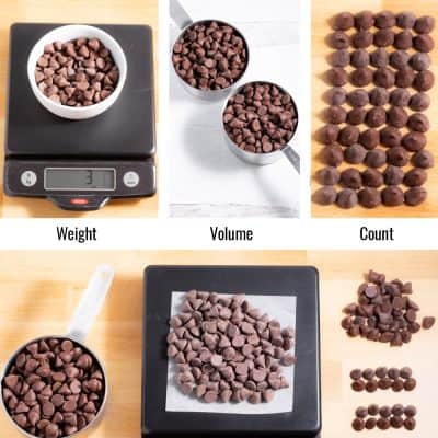 bowl of chocolate chips on scale, measuring cups of chocolate chips, and chocolate chips lined up to count