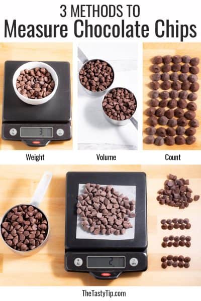 bowl of chocolate chips on scale, measuring cups of chocolate chips, and chocolate chips lined up to count