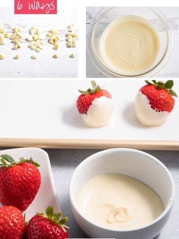 white chocolate chips, melted chocolate chips, and dipping strawberries in melted white chocolate chips