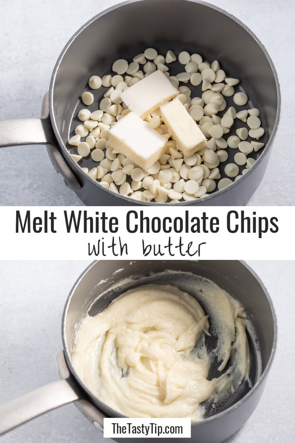 Before and after pictures of melting white chocolate chips and butter.