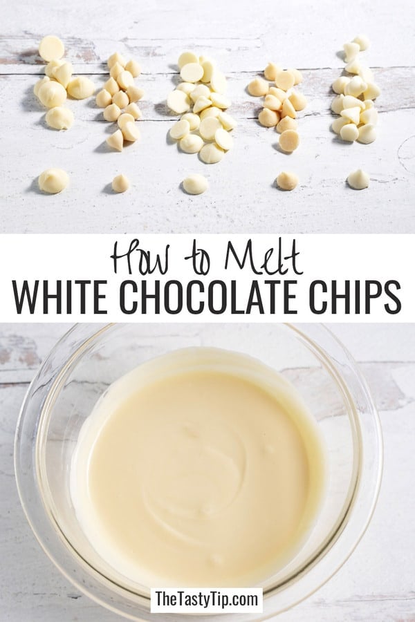 piles of different brands of white chocolate chips and bowl of melted white chocolate