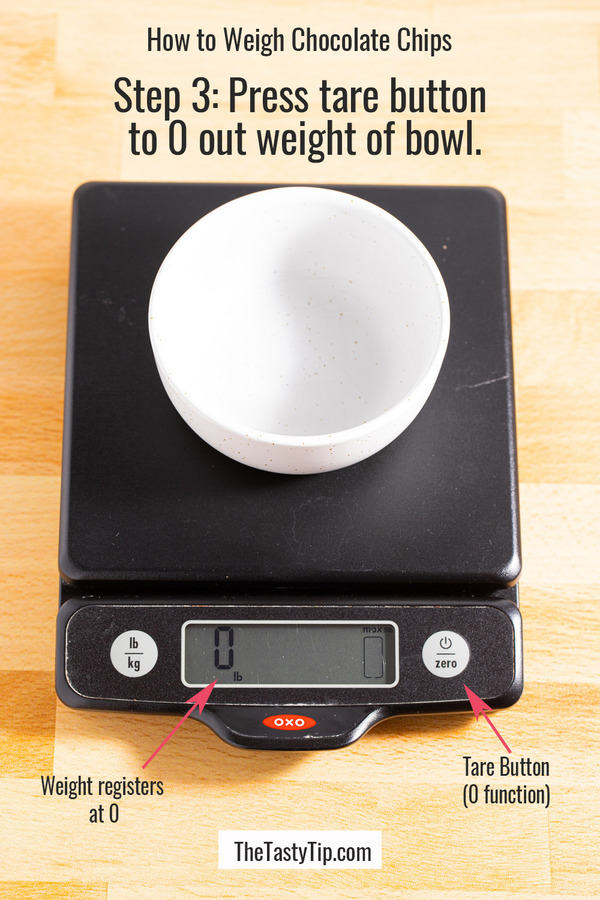 empty bowl on kitchen scale with weigh zeroed out