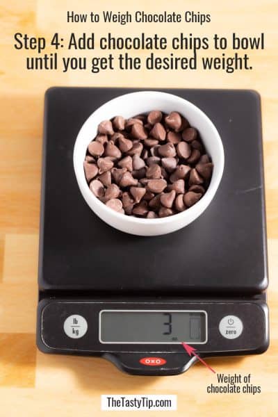 bowl of chocolate chips on kitchen scale