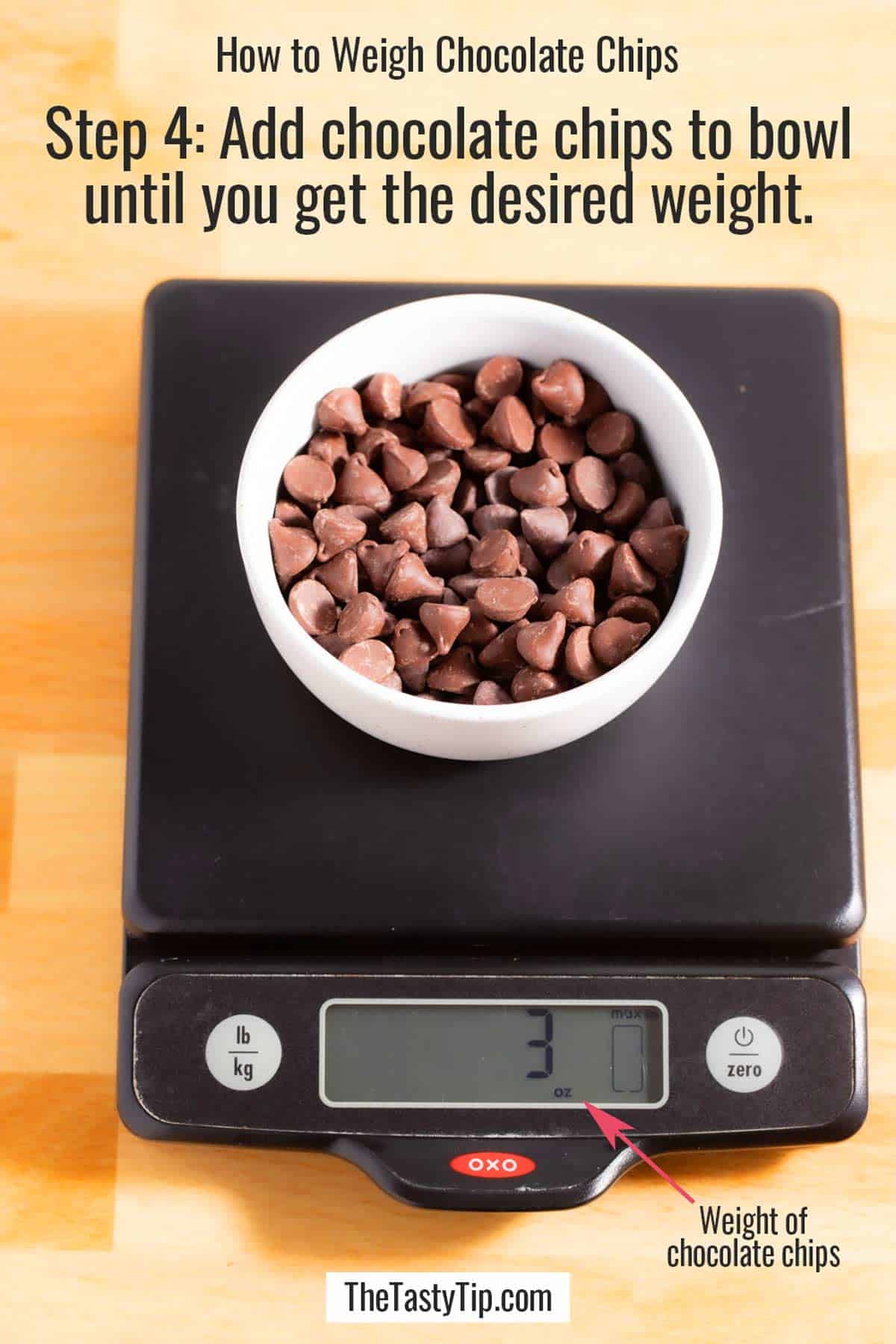 Bowl of chocolate chips on a kitchen scale.