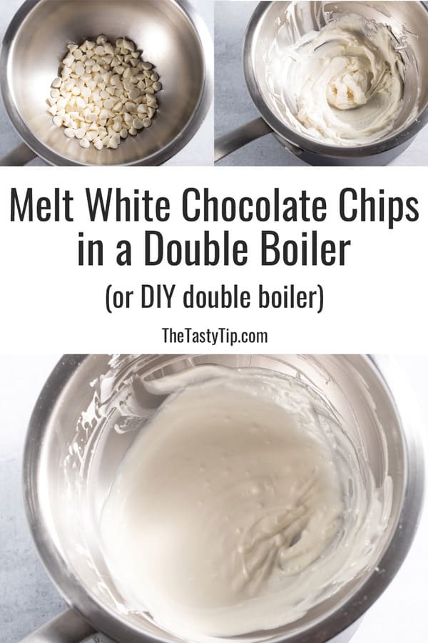 Steps to melting white chocolate chips in a double boiler.
