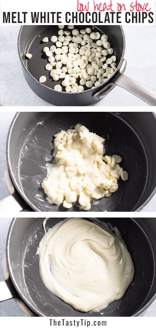 steps to melt white chocolate chips in a pan on the stove