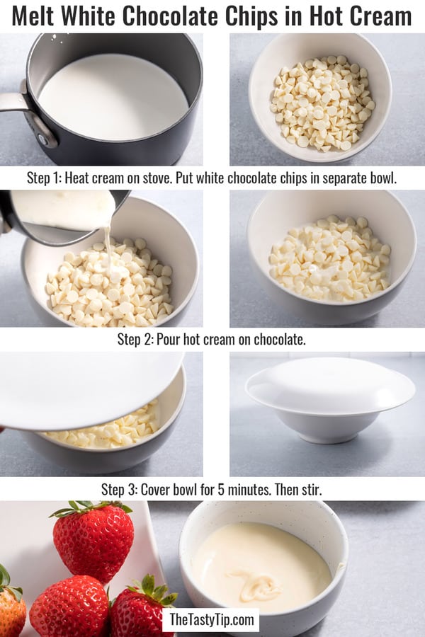 Steps to melt white chocolate chips with hot cream.