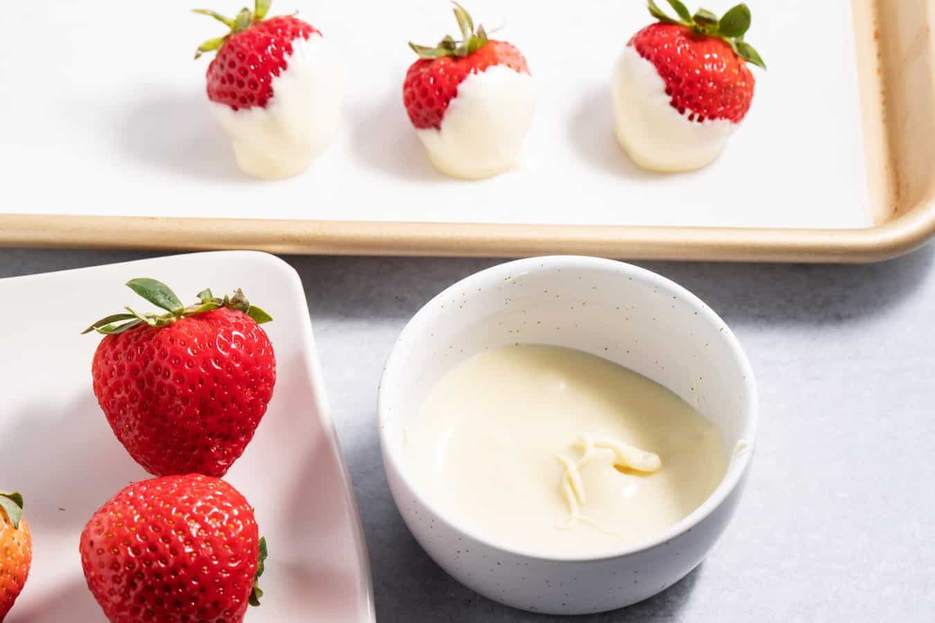 White chocolate dipping station for strawberries.